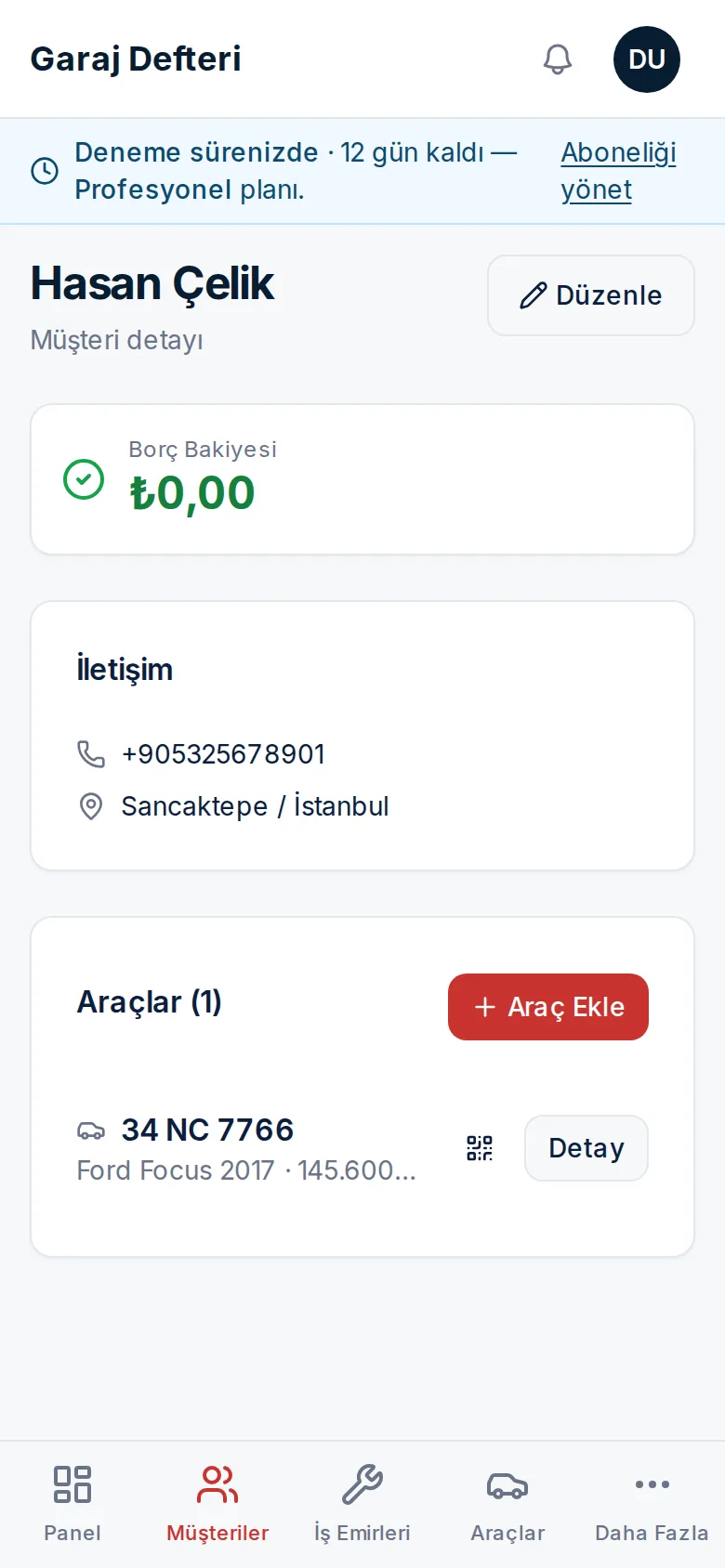 Müşteri profili ve borç ekranı