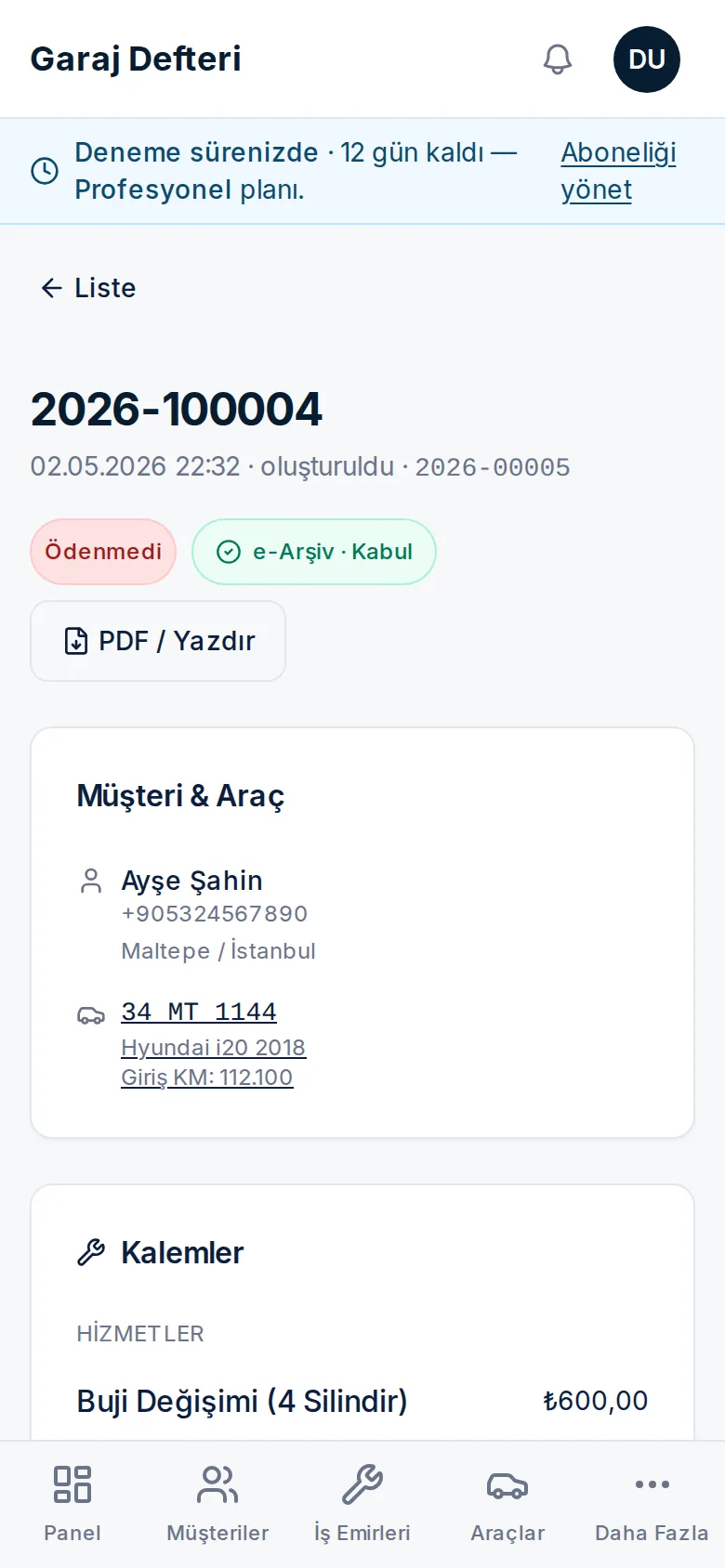 Fatura ekranı — KDV ayrımı ve gönderim