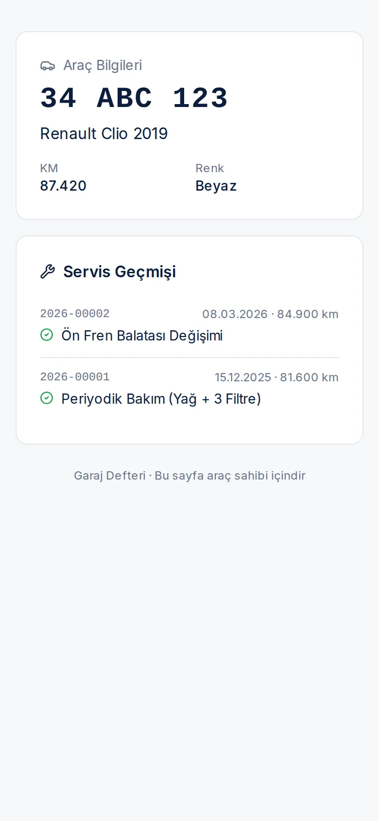 QR ile açılan araç servis geçmişi ekranı
