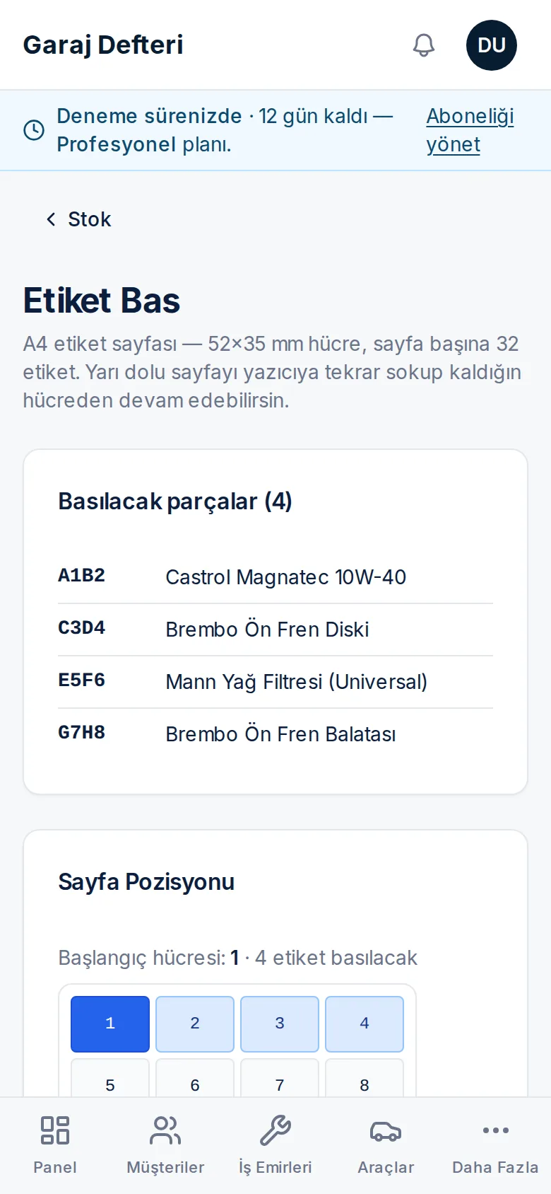 OEM ve EAN kod alanlı yedek parça kart ekranı